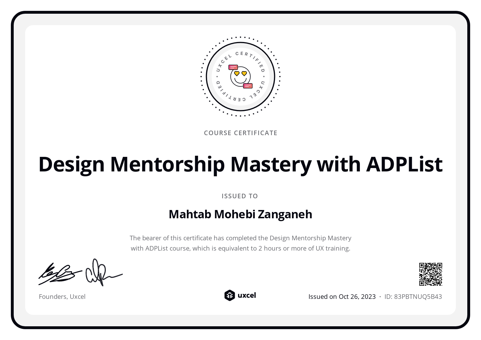 Mahtab Mohebi Zanganeh's certificate